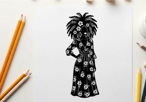Silhouette of a woman in a floral dress and headdress