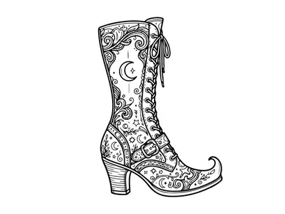 Elegant vintage lace-up boot illustration. Ornate floral embroidered ankle boot with pointed toe and low heel.