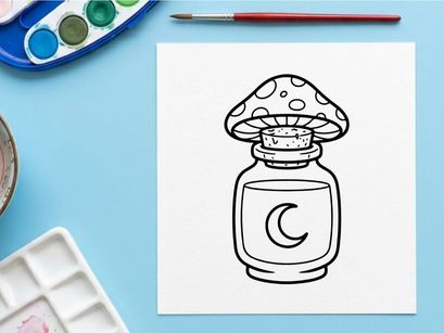 Karikatur-Pilz in Giftglas für Halloween-Deko. Verspielter giftiger Knollenblätterpilz-Container für gruselige saisonale Bastelprojekte.