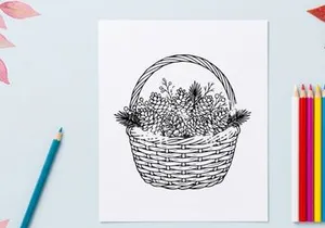 Hand drawn illustration of a wicker basket with pine branches