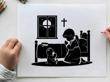 Silhouette of child and dog praying before bed at night preview picture