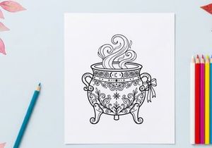 Witch cauldron line art illustration. Magical pot with steam for coloring book page.