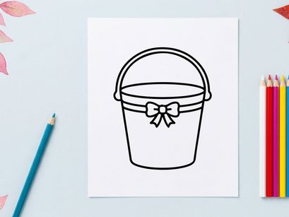 Hand-drawn Easter basket with decorative bow. Minimalist line art gift container for spring celebrations and crafts.