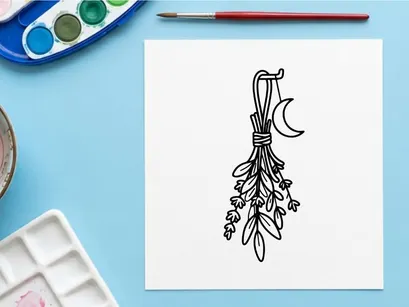 Hand-drawn Halloween mistletoe bouquet with crescent moon. Spooky holiday botanical illustration for festive decor and greeting cards.