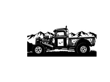 Vintage truck silhouette against majestic mountains preview picture
