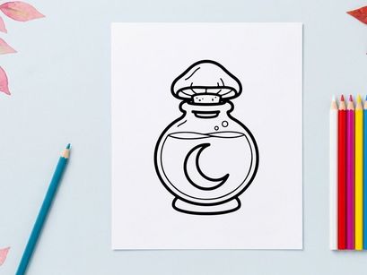 Magic potion bottle with moon icon. Witchcraft elixir flask for Halloween design.