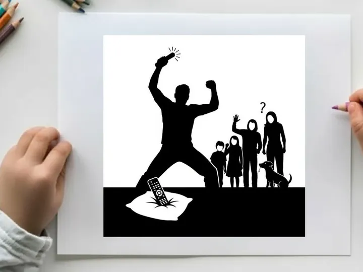 Silhouette of a man smashing tv with family in silhouette