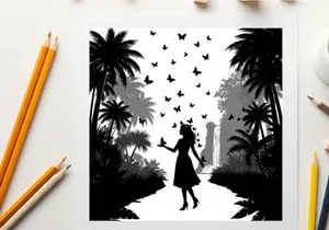 Silhouette of a woman releasing butterflies in a tropical paradise