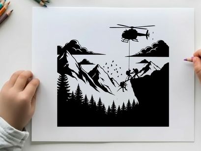 Silhouette of helicopter rescuing people in mountainous terrain with silhouette