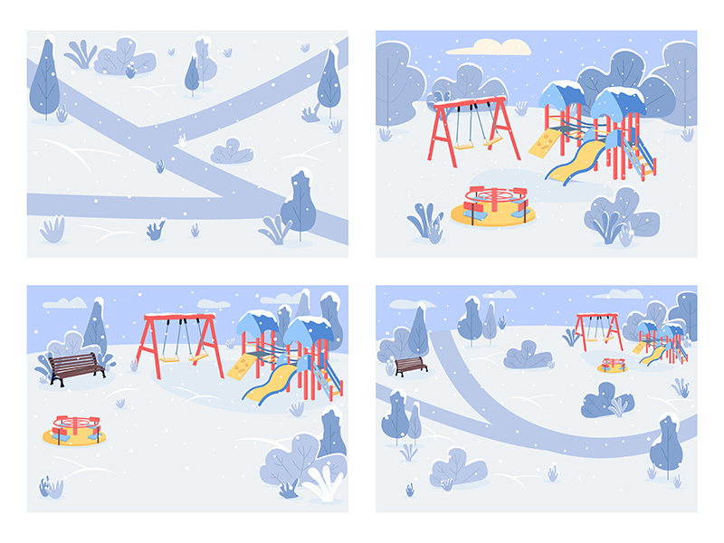 Public park in winter time flat color vector illustration set