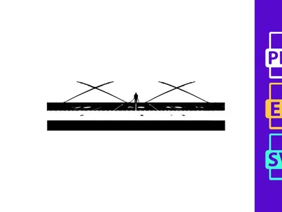 A person standing on a bridge with crisscrossing cables in a cityscape at dusk