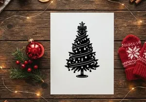 Ilustração de árvore de Natal em preto e branco com enfeites e fita em fundo branco