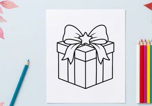 Christmas gift box with star bow icon, simple black and white line art vector illustration