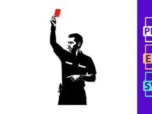 Police officer holding a red card or ticket in a black and white illustration