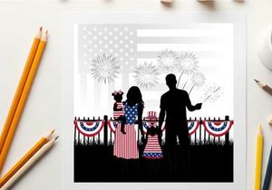 Family in silhouette celebrating 4th of july with fireworks and american flag