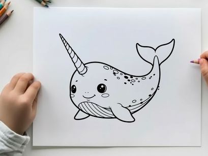 Cute smiling narwhal sea animal vector illustration