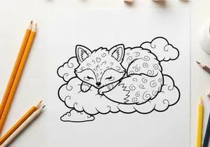 Cute sleeping fox in clouds vector illustration