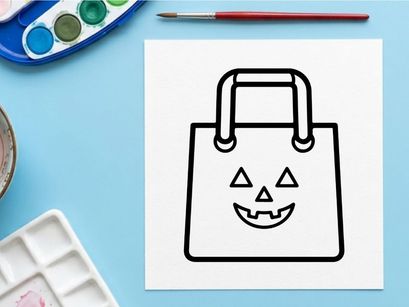 Sacola de compras de Halloween com rosto sorridente de abóbora. Bolsa tote minimalista fofa com design de abóbora assustadora para outono festivo...