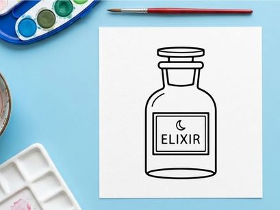 Empty glass bottle labeled elixir on white background. Minimalist healing potion container for health and wellness branding.