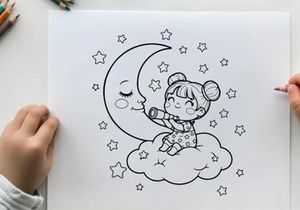 Cute baby sleeping on moon with stars vector illustration