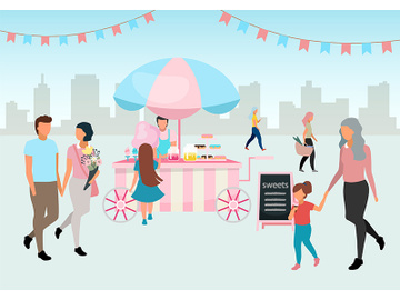 Sweets and cotton candy food cart flat illustration preview picture