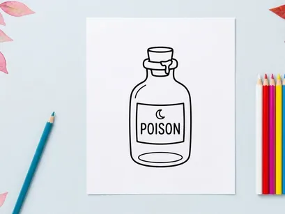 Cartoon poison bottle with skull warning label. Toxic chemical hazard container illustration for safety and danger concepts.
