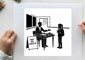 Businessman and young girl at a first day check in with silhouette