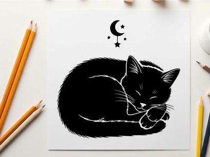 Sleeping cat silhouette under moonlight and stars