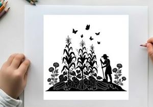 Silhouette of a farmer working in a field with butterflies and flowers