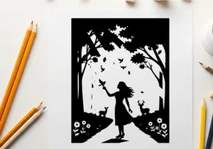 Silhouette of a girl in a forest with deer and flowers
