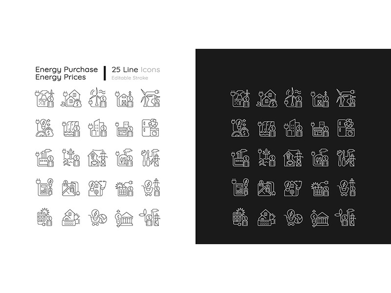 Energy purchase linear icons set for dark and light mode
