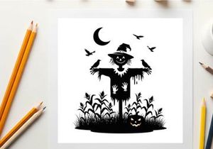 Scarecrow silhouette standing in a cornfield at night with birds and moon
