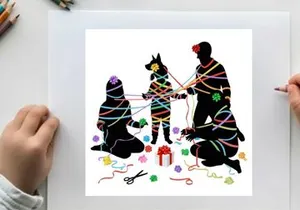 Silhouette of a family and dog wrapped in colorful yarn with gifts