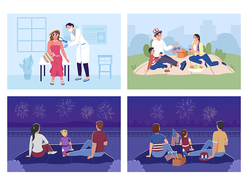 Family outdoor celebration and sun protection flat color vector illustration set