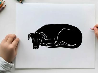 Silhouette of a sleeping dog curled up in a ball