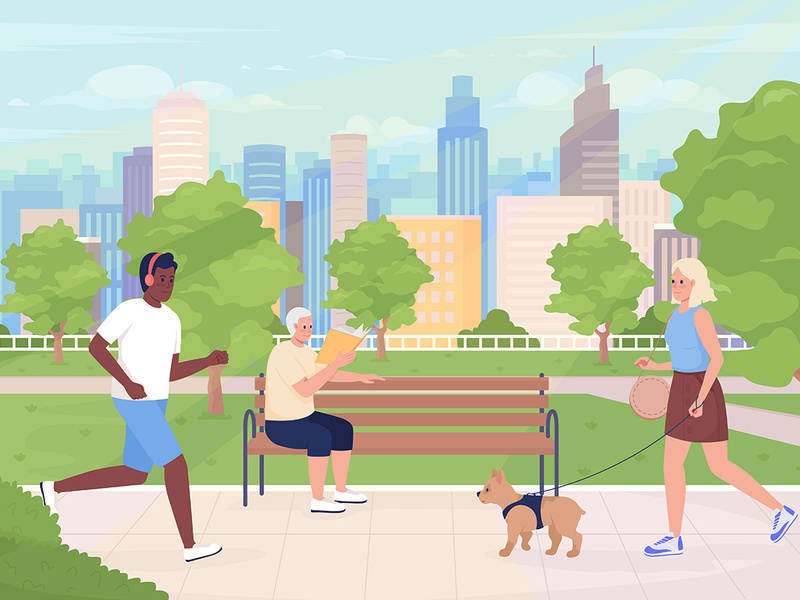 Metropolitan park with visitors color vector illustration