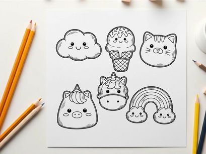 Cute animal faces in ice cream and rainbow vector illustration