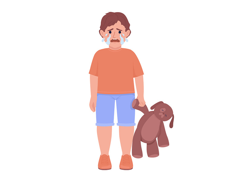 Crying little boy with toy semi flat color vector character