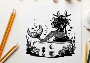 Mermaid silhouette sitting on rock surrounded by ocean creatures and seaweed silhouette