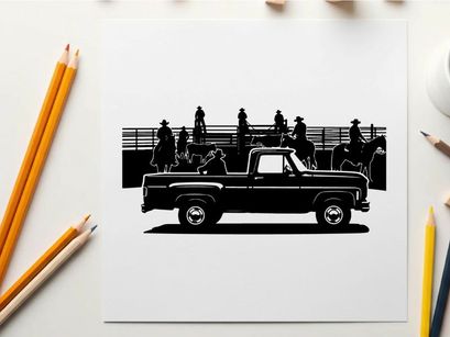 Silhouette of a pickup truck parked near a fence with people and umbrellas