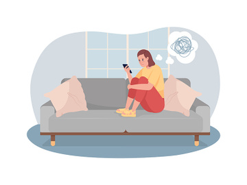 Unhappy teen girl look at phone screen 2D vector isolated illustration preview picture
