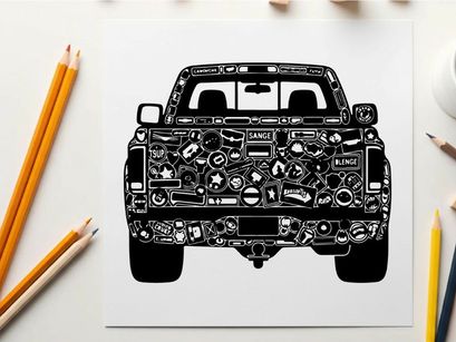 Silhouette of a pickup truck with detailed engine components in black and white