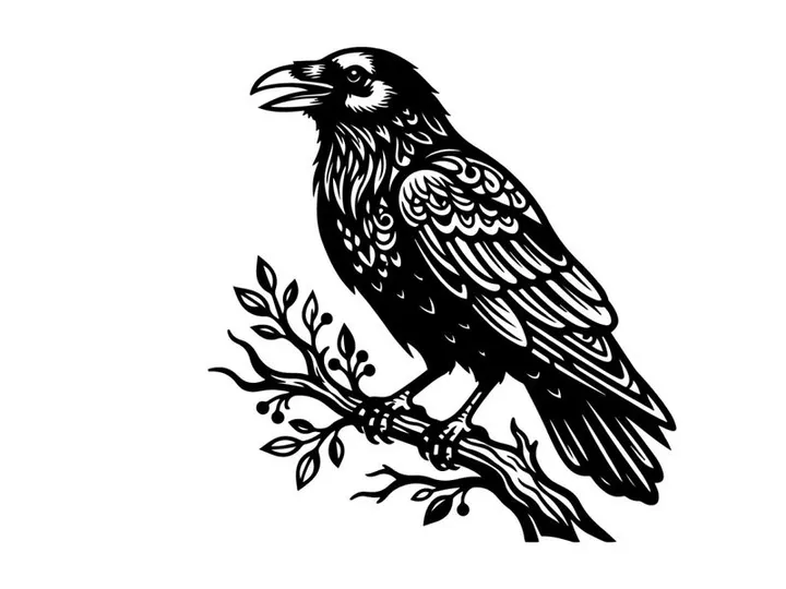 Detailed black and white illustration of a hawk perched on a branch
