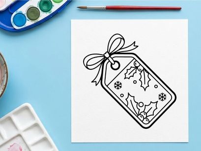 Etiqueta de regalo navideña con ilustración de arte lineal de acebo y copo de nieve