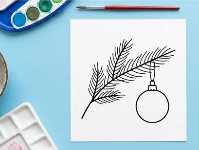 Christmas tree branch with hanging bauble ornament line art illustration