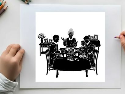 Silhouette of family having dinner with a woman serving food