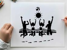 Silhouette of joyful people celebrating under sunny sky silhouette