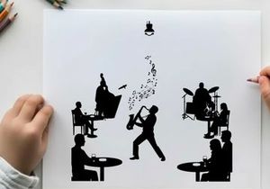 Jazz club scene with musician silhouette performance