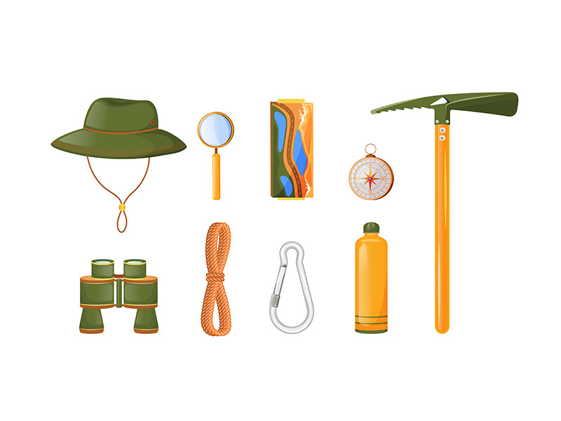 Climbing equipment flat color vector objects set
