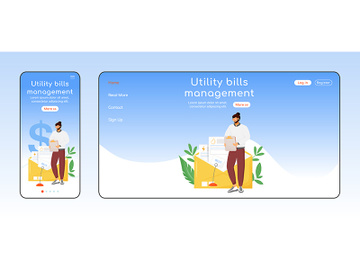 Utility bills management adaptive landing page flat color vector template preview picture